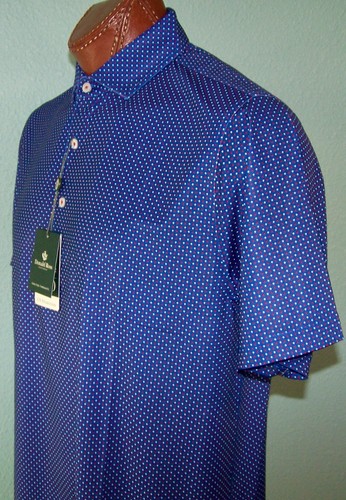DONALD ROSS Golf Classic s/s WICKING UPF 50 POLO Sz M DOTs PRINT RED/WHITE/BLUE