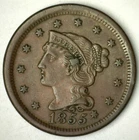 1855 Braided Hair Copper Large Cent Coin Variety Slant 55 Knob on Ear 1c AU Cond