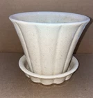 Vintage - McCoy Pottery Cream w/Speckles Ribbed Planter w/Attached Saucer 4.25"