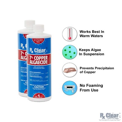 Rx Clear Swimming Pool 7% Copper Algaecide Chemical - 32 oz - (Choose Quantity)