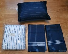 New WhiteNavy Striped Full Sheet Set w Two Blue Striped Shams Decor Pillow