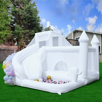 16FT PVC White Bounce House Castle with Big Slide Ball Pit for Birthday Party