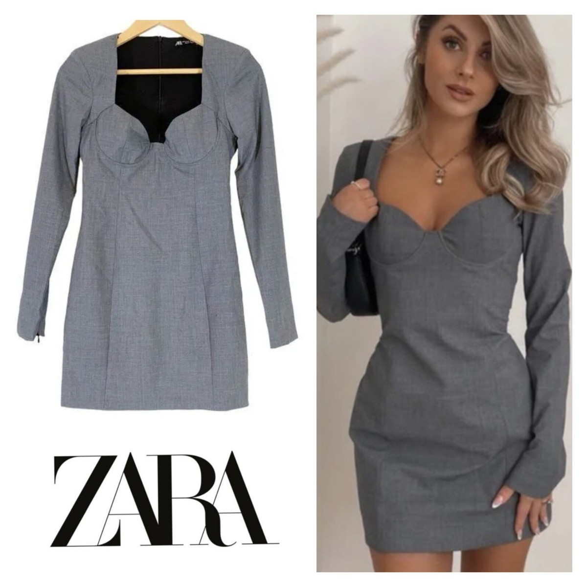 ZARA Grey Bustier Long Sleeve Bodycon Mini Dress XXL UK 16/18? BNWT