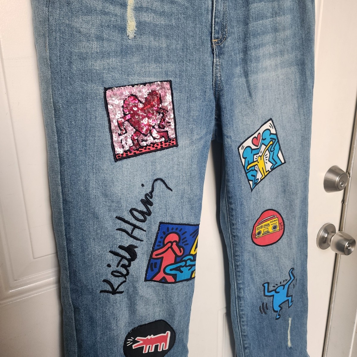Keith Haring Alice + Olivia Patch Jeans Byron Cropped Embroidery