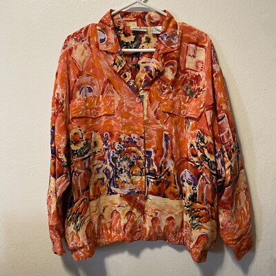 Natalie + Me Casual Button Up Shirt with Artistic Print Silk Blend Women s L Y2K