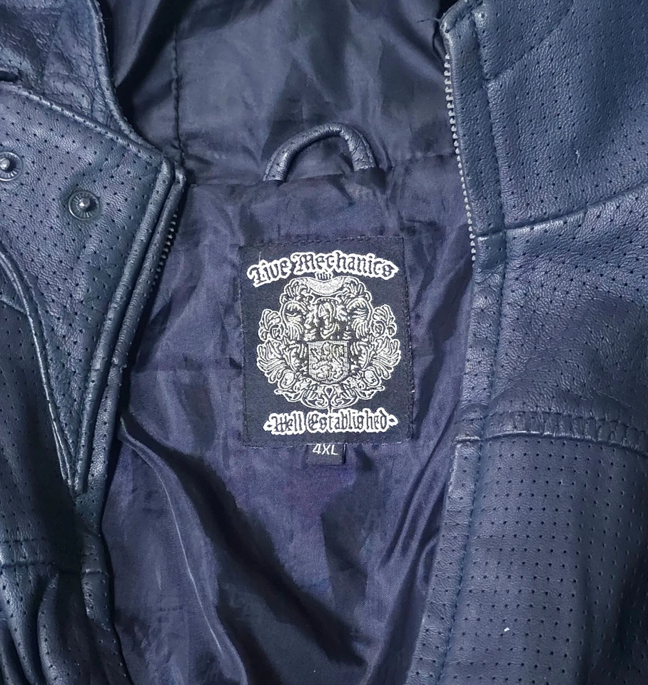 LIVE MECHANICS WELL ESTABLISHED Grey-Blue Leather Jacket with Hood Size XXXXL - Image 3 of 4