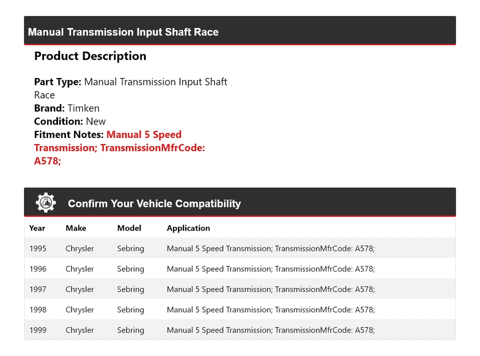 Eje de entrada de transmisión manual Race Timken 1996 para Chrysler Sebring 1995-1999 Foto 2 de 4