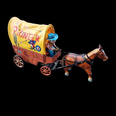 Pioneer Covered Wagon Cowboy Horse Litho Tin Toy Japan Battery