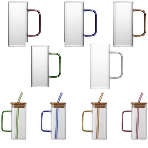 Square Glass Cup With Wooden Cover Colored Handle High Borosilicate