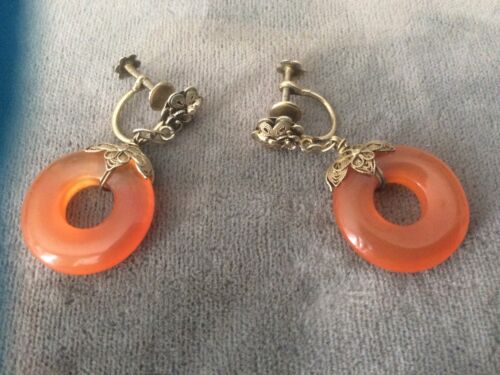 Antique Chinese Gilt Silver Carnelian Jade Filigree Earrings - Picture 1 of 5