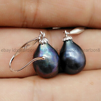 AAA+ 10-12MM REAL NATURAL BLACK BAROQUE PEARL DANGLE HOOK EARRINGS 14K