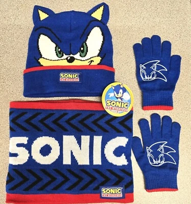 Sonic The Hedgehog SEGA Boys Kids Winter Woolly Hat / Snood / Scarf / Gloves Set