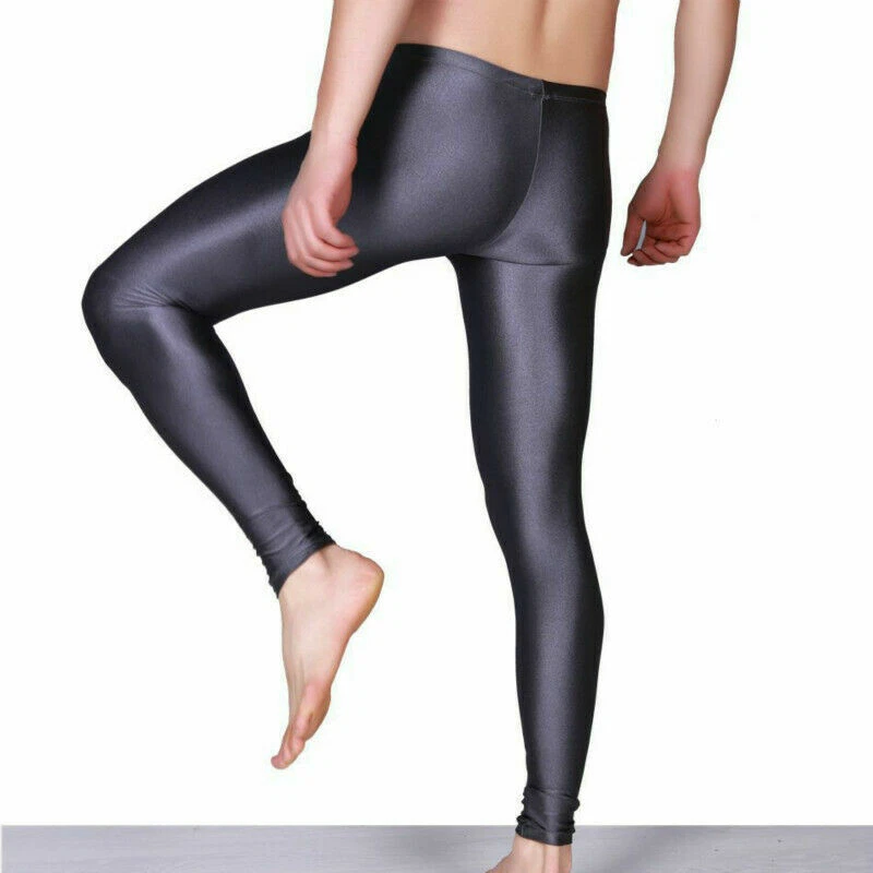 Men's Spandex Leggings Fitness Pants Stretch Low Waist Shiny Tight