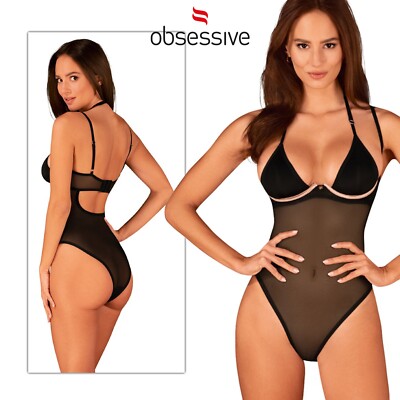 Obsessive Black Selinne Teddy XS/S/M/L/2XL Black Elastic Bodysuit with Pink Underwire
