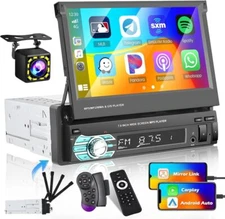 Single 1DIN 7" Flip Car Radio Stereo Wireless Carplay Android Auto BT + Camera