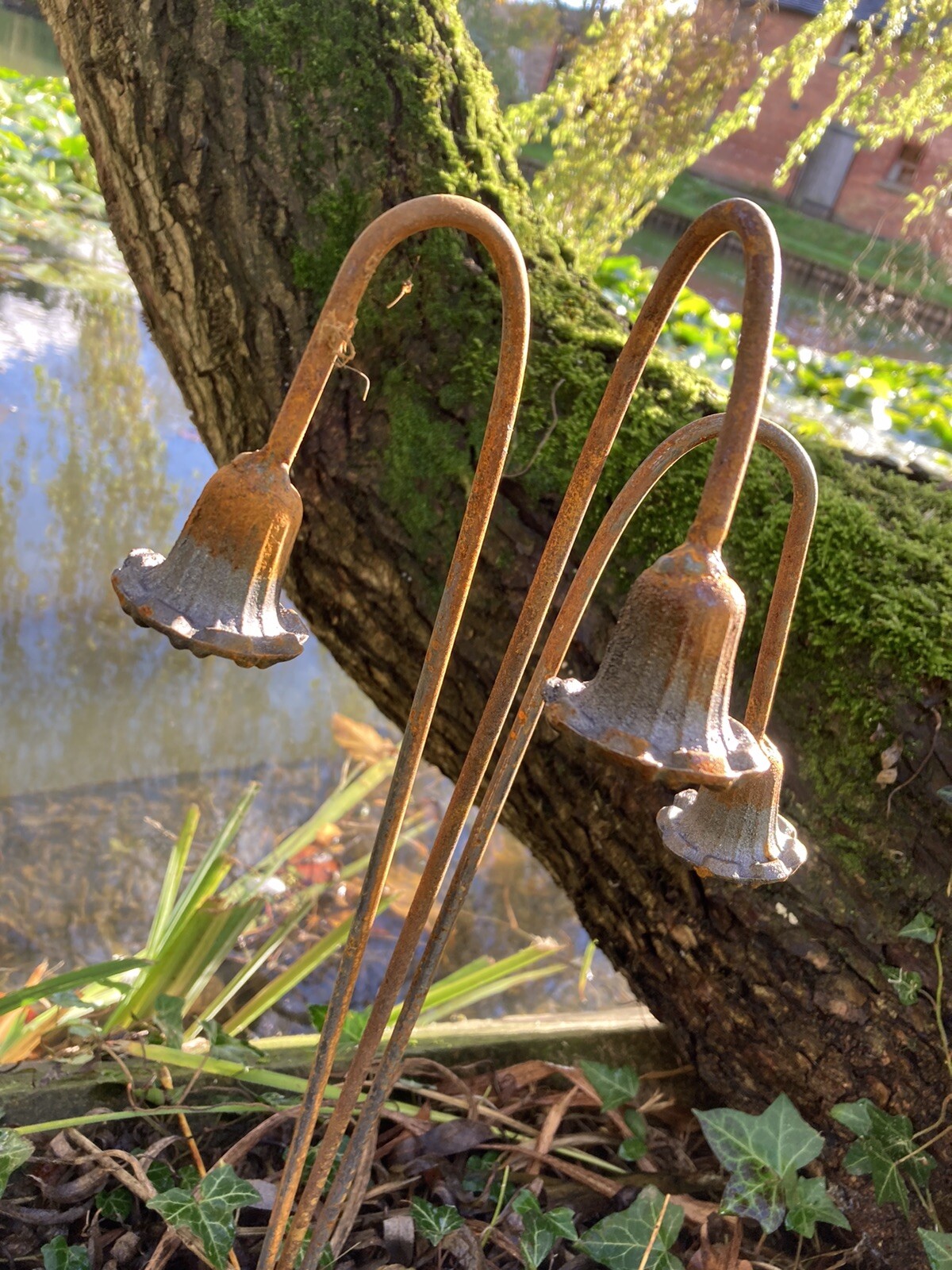 SET OF 3 RUSTY METAL BLUEBELL FLOWER PLANT SUPPORTS STAKES GARDEN