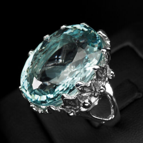Precious Baby Blue Aquamarine 26.05Ct 925 Sterling Silver White Gold Plated Ring - Picture 4 of 9