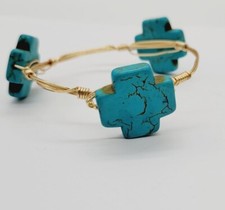 Turquoise Colored Dyed Stone 3 Cross on Wire Bracelet Bangle Style Handmade