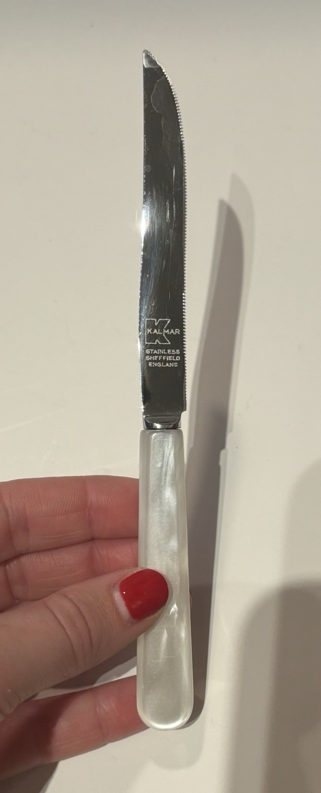 x 11 Vintage KalMar Knives Faux Mother of Pearl Opalescent Handles + Racks As Is