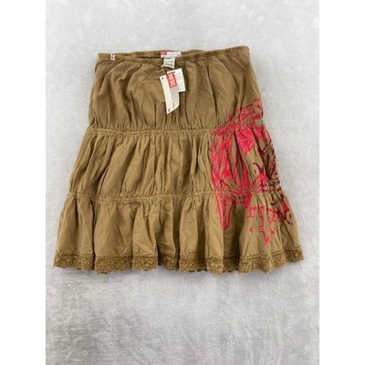 Diesel Tiered Mini Skirt Women Tan Pink Graphic Y2K Boho Cotton NWT Size 14