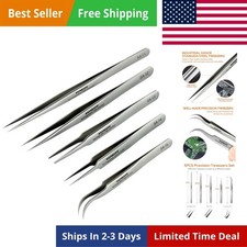 Precision Tweezers, 5 PCS Stainless Steel, Non-Magnetic, Heat Resistant, Curv...