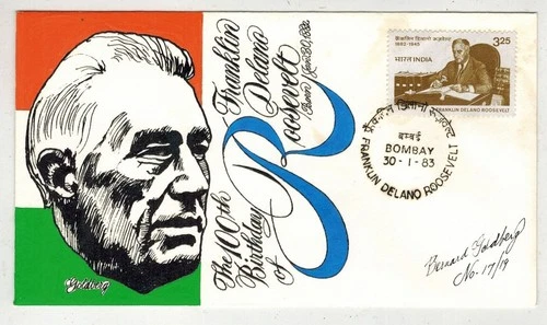 GOLDBERG HANDPAINTED SCARCE FDR FRANKLIN ROOSEVELT 17/19 INDIA STAMP FDC