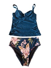 NWT Cupshe  Sz Med Two Piece Tankini Bikini Floral Blue
