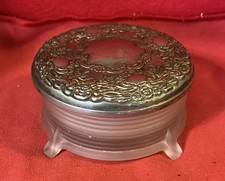 Vintage 1940’s Art Deco Frosted Ribbed Glass-Powder Jar W/Silverplate Mirror Lid