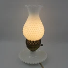Vintage 11” Tall Milk Glass Electric Bedside Lamp W/ Hobnail Hurricane Shade
