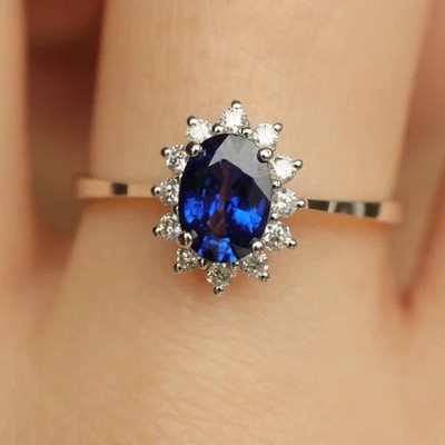 2.00Ct Oval Cut Lab-Created Blue Sapphire Engagement Ring 14K White Gold Plated