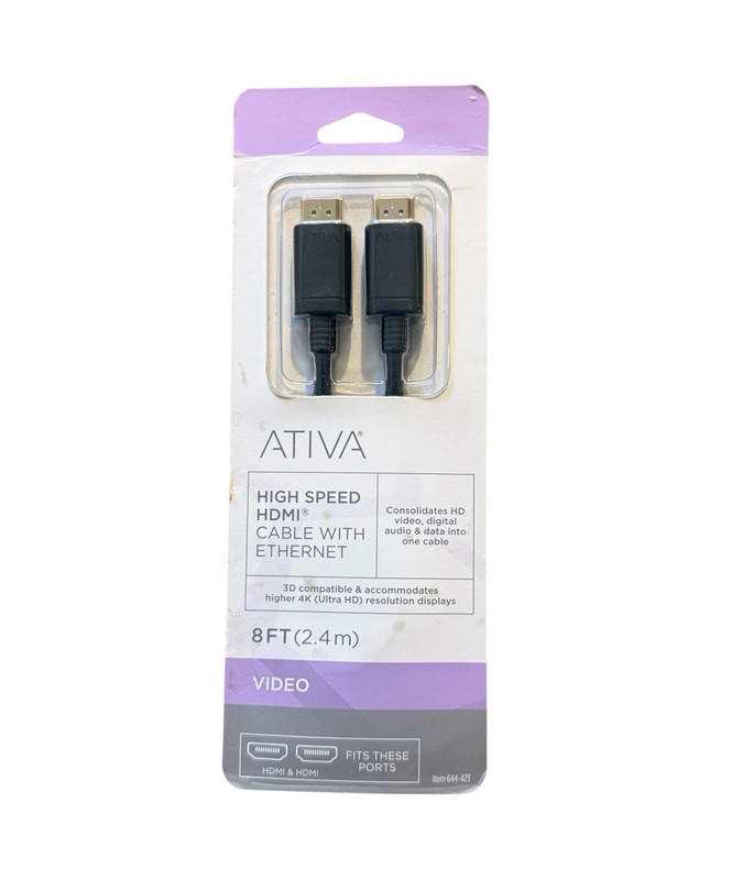 Ativa High Speed HDMI Cable w/ Ethernet 8ft Black HDMI Male to Male