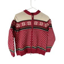 Lands' End Sweater Girls MED 10-12 Red Fair Isle Full Zip Christmas Holiday Knit