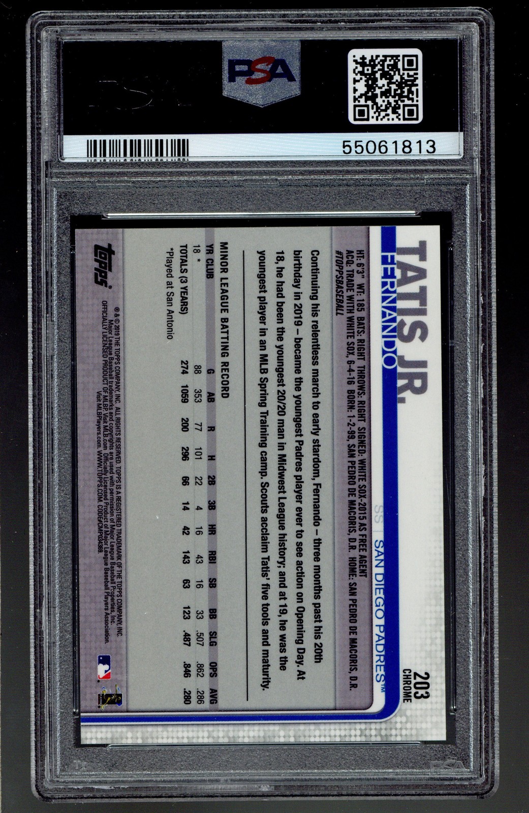 2019 Topps Chrome #203 Fernando Tatis Jr. PSA 9 ROOKIE RC view 2