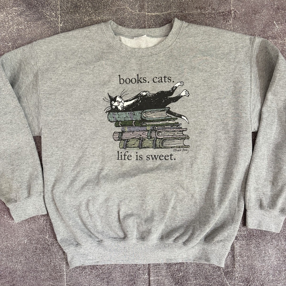 Mens Vintage Edward Gorey Books Cats Life Is Sweet Gray Crewneck Sweatshirt Sz L