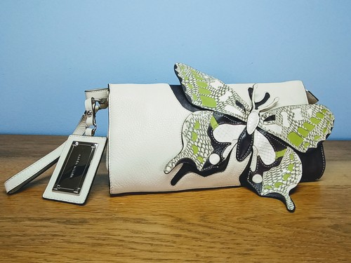 KAREN MILLEN butterfly leather clutch handbag/wristlet in cream, green & purple - Picture 3 of 19