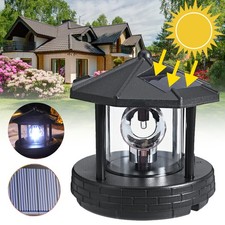 Solar-Powered Rotating LED Lighthouse Garden Beacon Tower Lamp Decoration Black