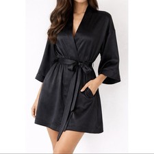 Victoria's Secret Womens Robe One Size Black Satin Belted Short Kimono Pockets
