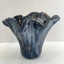 Murano Style Hand-Blown Art Glass Handkerchief Vase Blue Orange Swirl — listing 6