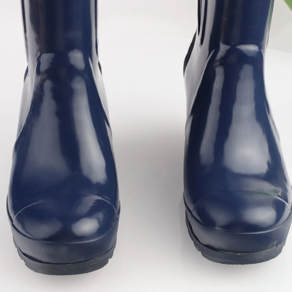 Bota de lluvia Sorel Joan para mujer talla 8 azul marino botín de goma brillante suela tacón de cuña Foto 3 de 4