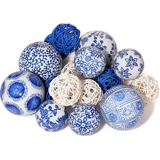 18 Pcs Blue & White Decorative Porcelain Ball Blue White Wicker Rattan Cord B...
