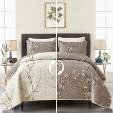 3 Pieces Floral Quilt Set King Size Tan Branch Pattern Quilt, Cream White Flo...
