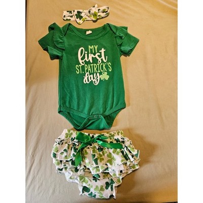 Baby Girl My First St Patricks Day Outfit Set Green Shamrock Ruffle Bloomers 80