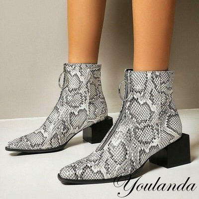 Retro Chelsea Ankle Boots Womens Snakeskin Pattern Front Zip Casual Shoes Chic