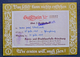 416) Günzburg Stadtsparkasse ★★★ Gutschein 3 RM Üdr. 3 DM 1948 ★★★