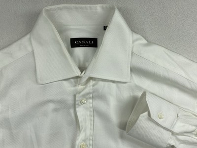 Canali Dress Shirt Men s 16.5 42 White Formal Italy Striped Weave Business