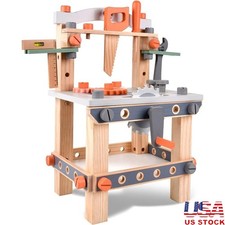 Wooden Tool Bench Kids Pretend Play Toolkit W/ Storage Educational Toy Set New