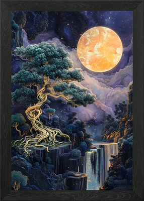 Gold Bonsai Wasserfall Mond Gerahmtes Wandbild Poster Leinwanddruck Bild