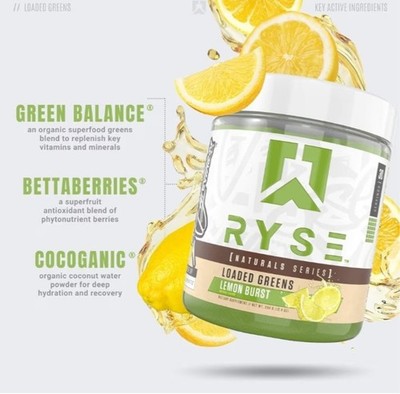RYSE LOADED GREENS LEMON BURST 10.7 OZ SUPERFOOD DETOX ENERGY POWDER COCOGANIC