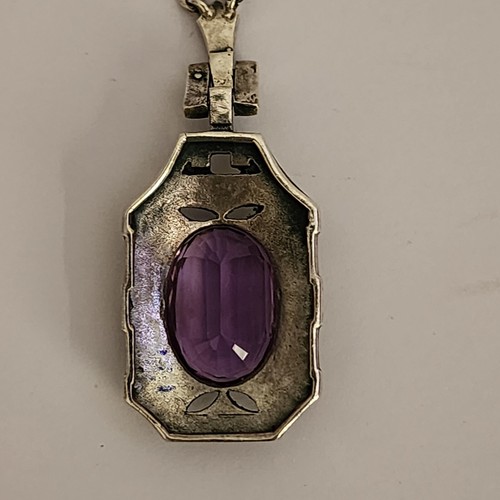 Amethyst & Marcasite Pendant Sterling Silver Necklace Vintage - Picture 10 of 12