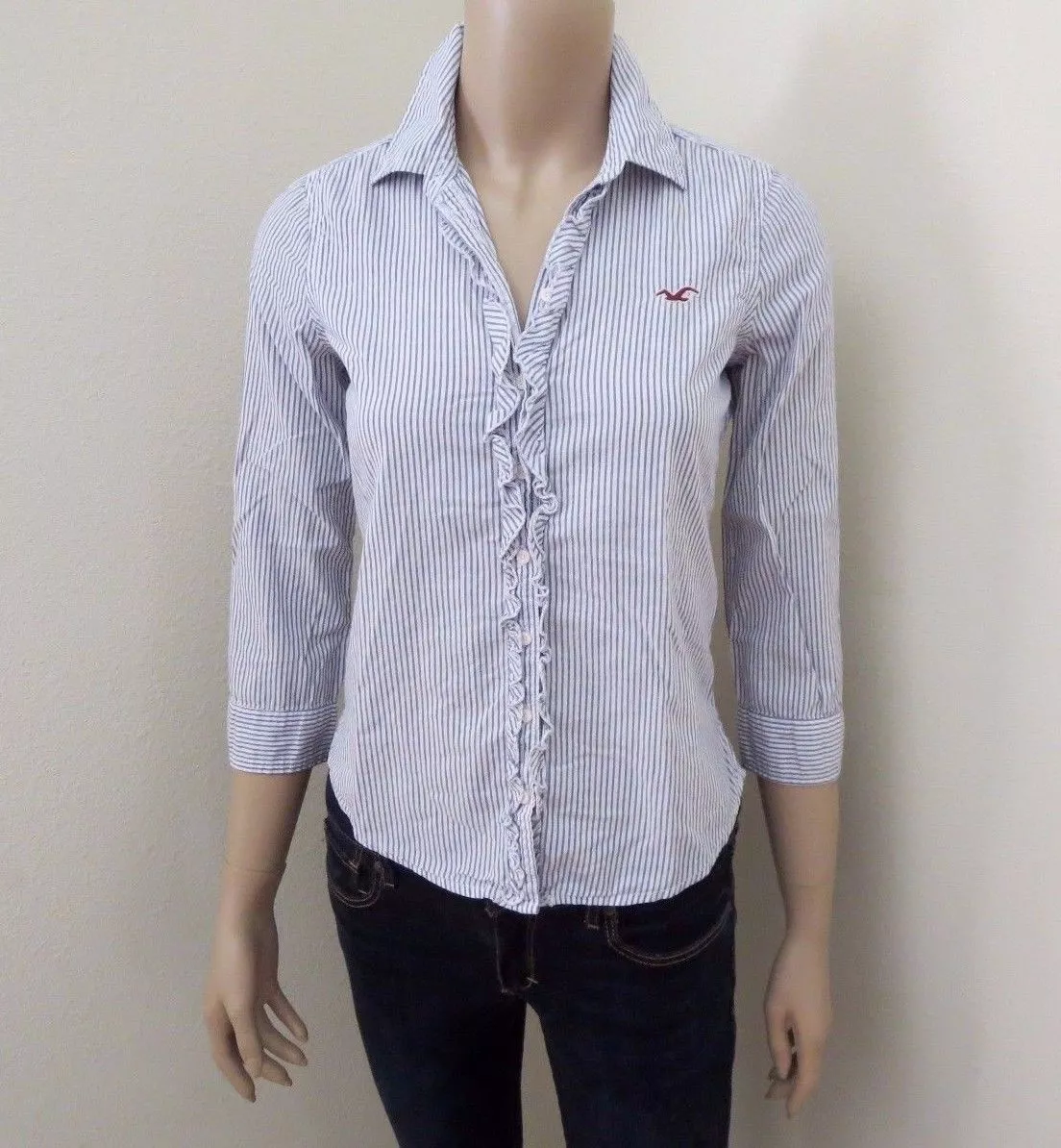 Hollister Women Striped Button Down Shirt Top Size XS Blouse Ruffled Blue  White